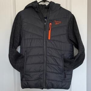 Kids Reebok Puffer Jacket Gray Orange Logo Zip Hooded Boys Size L/14-16